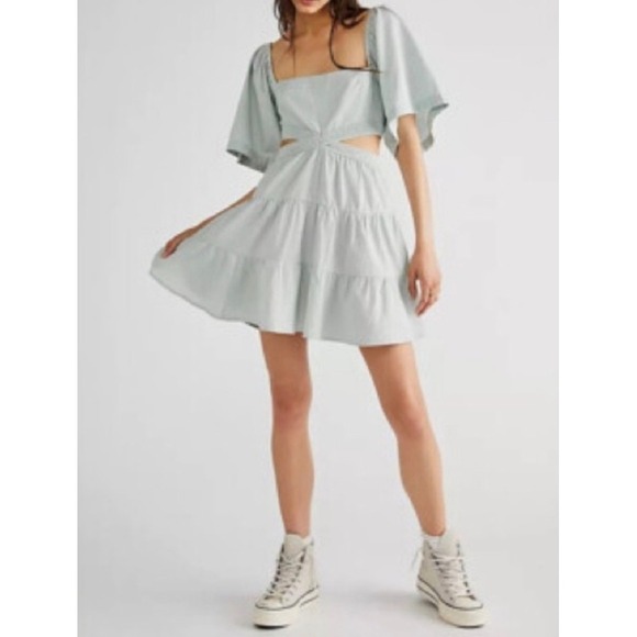 Free People Smocked Cutout Tiered Mini Dress Puff Sleeve Square S - Picture 1 of 6